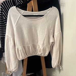aerie Cream Cropped Tie-Cuff Pullover